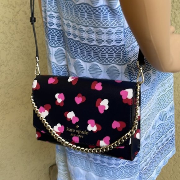 Kate Spade Carson Flutter Hearts Printed Convertible Crossbody Black Multi - Picture 13 of 14